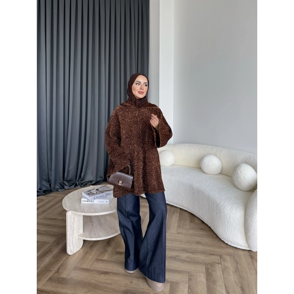 Kapşonlu Simli Hırka - Kahve