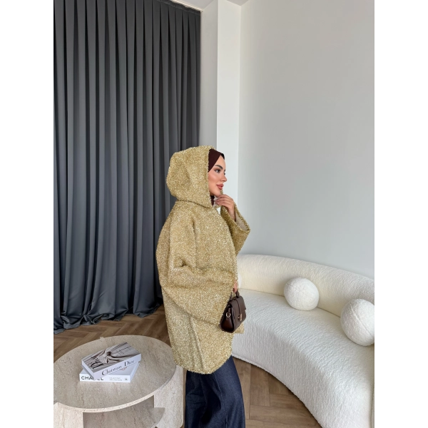Kapşonlu Simli Hırka - Sarı