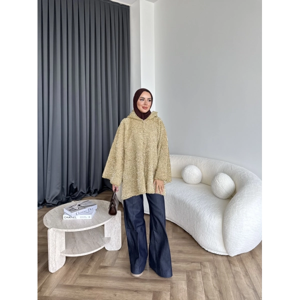 Kapşonlu Simli Hırka - Sarı