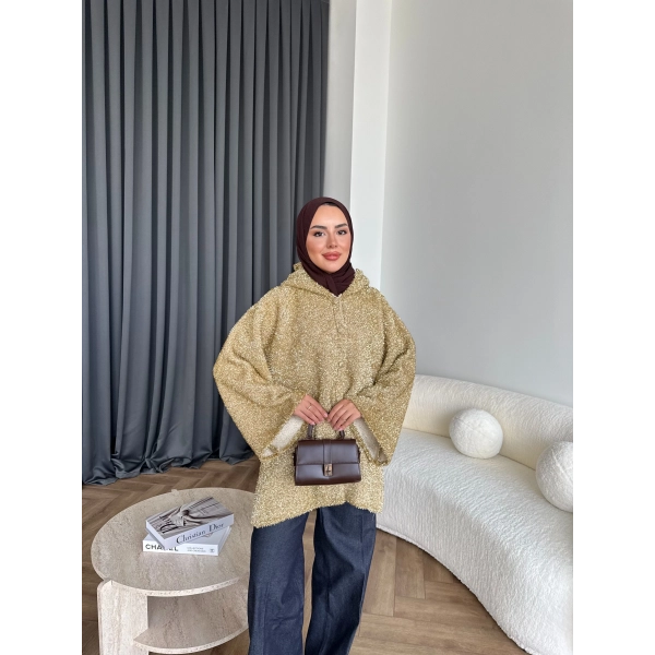 Kapşonlu Simli Hırka - Sarı