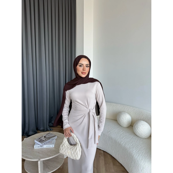 Kelsi Bağlamalı Elbise - Bej