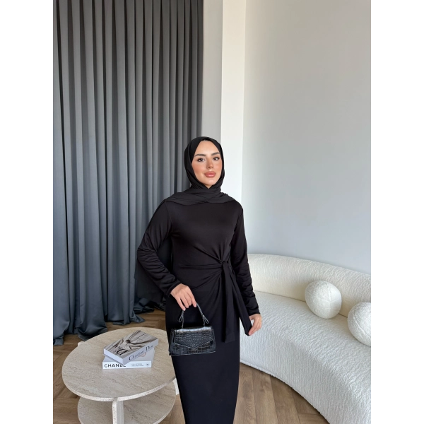 Kelsi Bağlamalı Elbise - Siyah