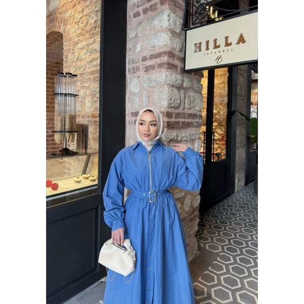 Kemerli Balon Kol Elbise - Mavi