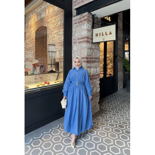 Kemerli Balon Kol Elbise - Mavi