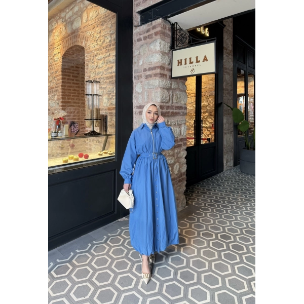 Kemerli Balon Kol Elbise - Mavi