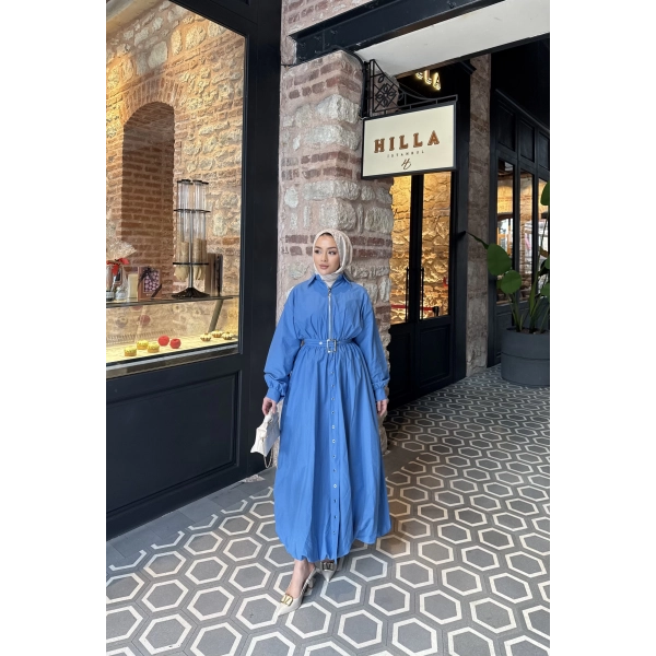 Kemerli Balon Kol Elbise - Mavi