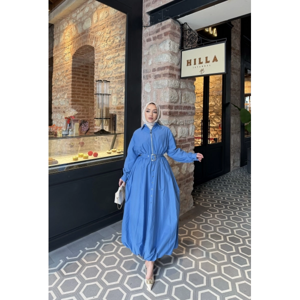 Kemerli Balon Kol Elbise - Mavi