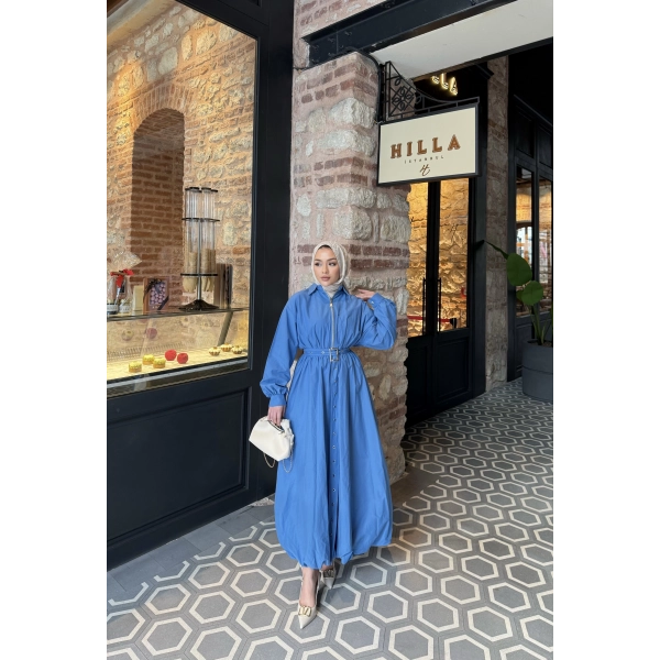 Kemerli Balon Kol Elbise - Mavi