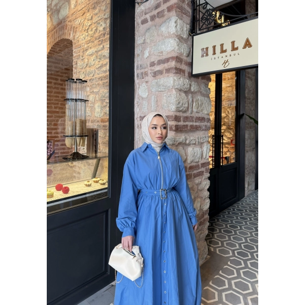 Kemerli Balon Kol Elbise - Mavi