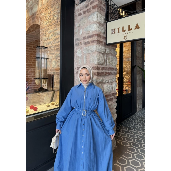 Kemerli Balon Kol Elbise - Mavi