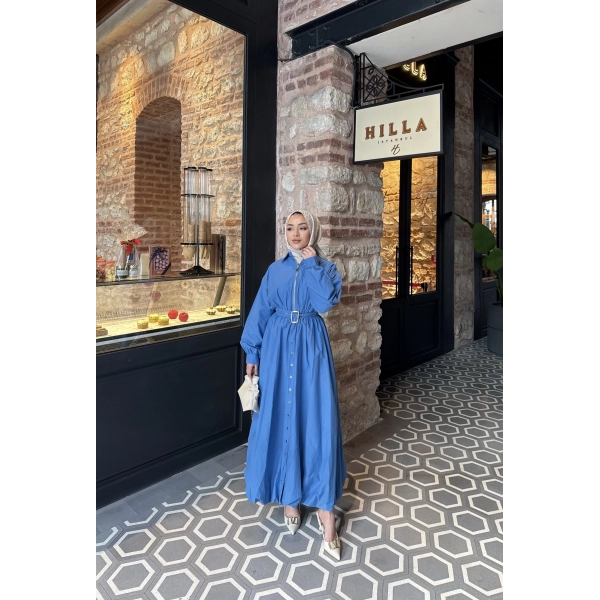 Kemerli Balon Kol Elbise - Mavi