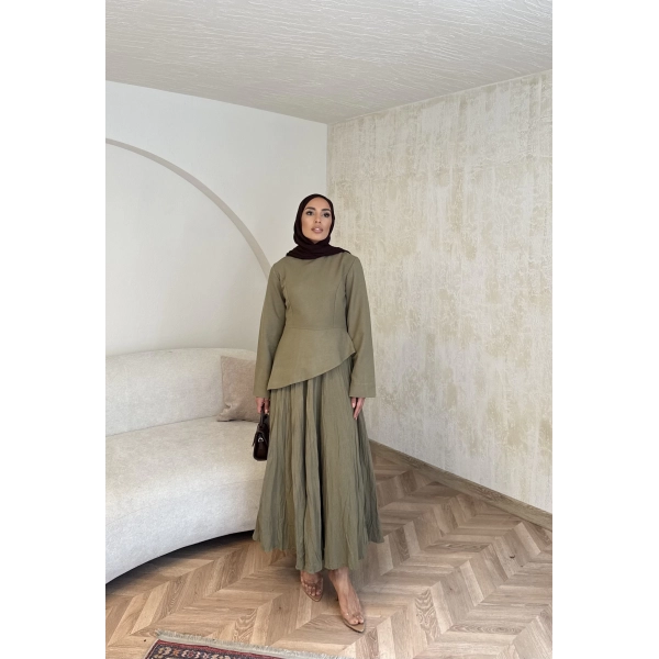 Keten Kırışık Etek Takım - Yeşil