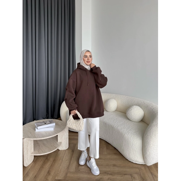 Kolu Piliseli 3 İplik Sweat - Acı Kahve