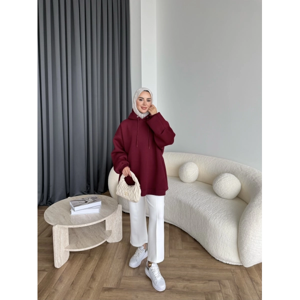 Kolu Piliseli 3 İplik Sweat - Bordo