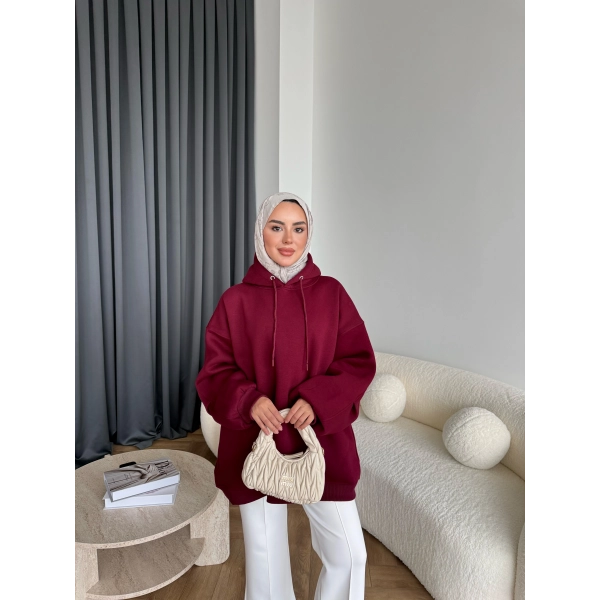 Kolu Piliseli 3 İplik Sweat - Bordo