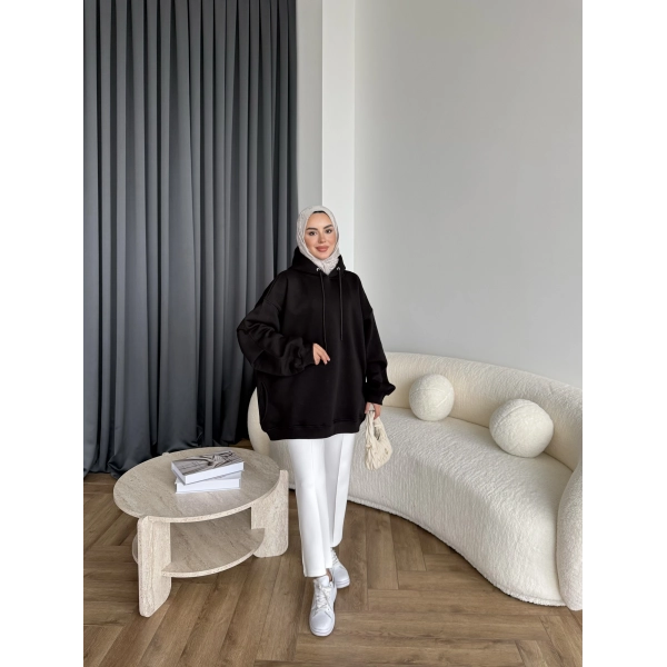 Kolu Piliseli 3 İplik Sweat - Siyah