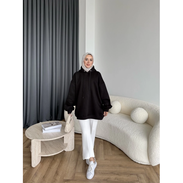 Kolu Piliseli 3 İplik Sweat - Siyah