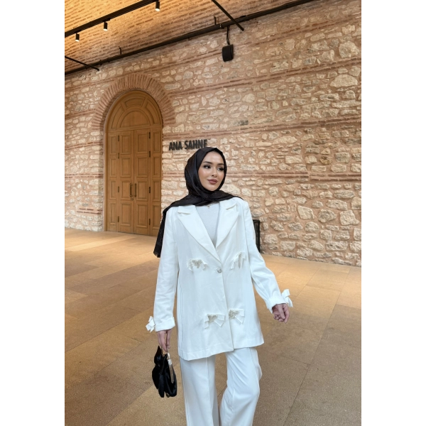 Kurdele Detaylı Kot Ceket - Beyaz