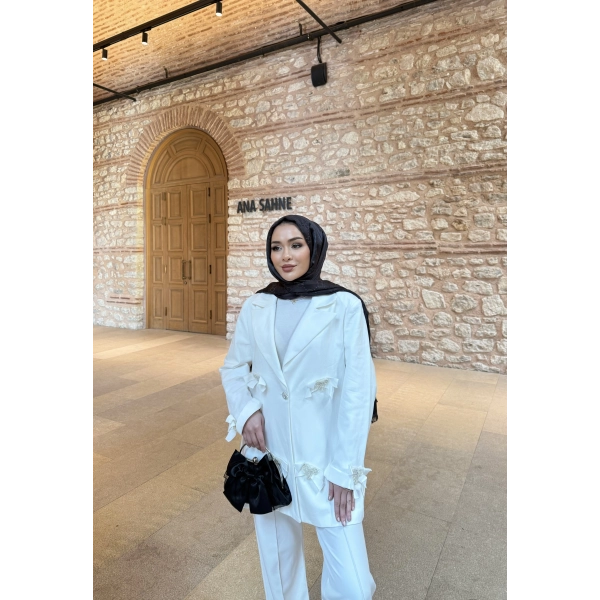 Kurdele Detaylı Kot Ceket - Beyaz