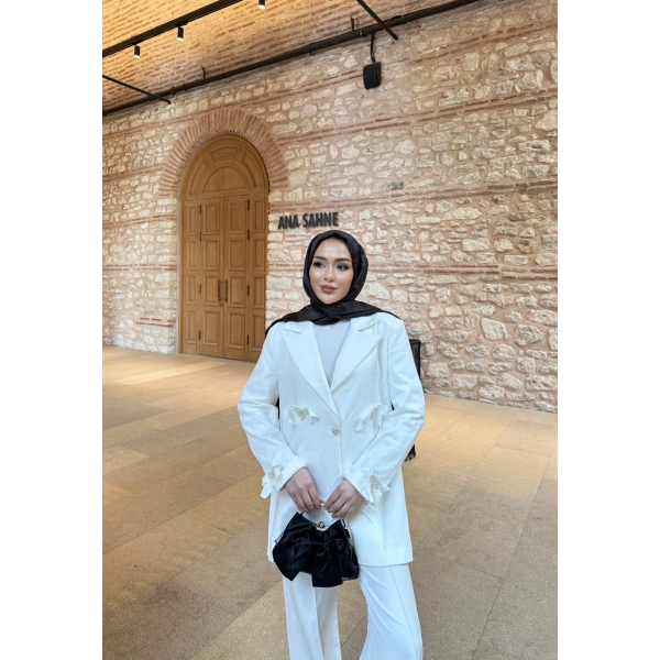 Kurdele Detaylı Kot Ceket - Beyaz