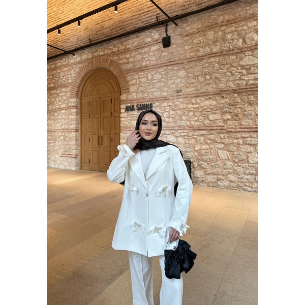 Kurdele Detaylı Kot Ceket - Beyaz
