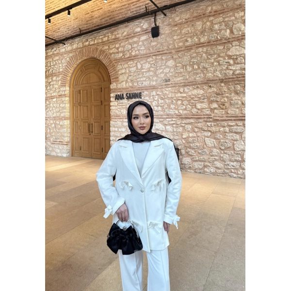 Kurdele Detaylı Kot Ceket - Beyaz