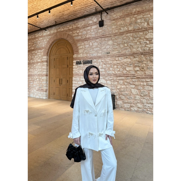 Kurdele Detaylı Kot Ceket - Beyaz