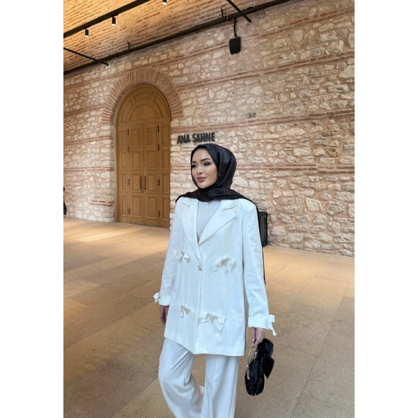 Kurdele Detaylı Kot Ceket - Beyaz