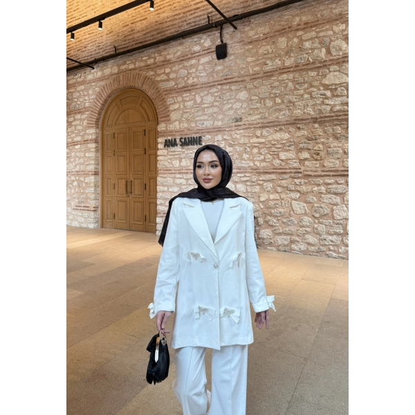 Kurdele Detaylı Kot Ceket - Beyaz