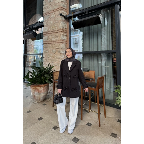 Kurdele Detaylı Kot Ceket - Siyah