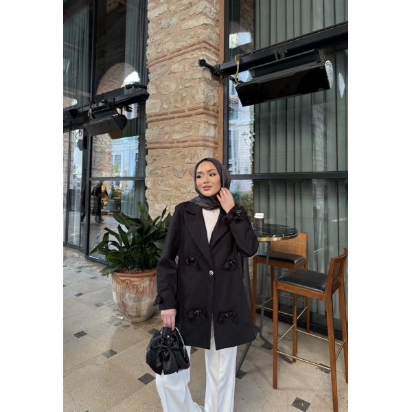 Kurdele Detaylı Kot Ceket - Siyah