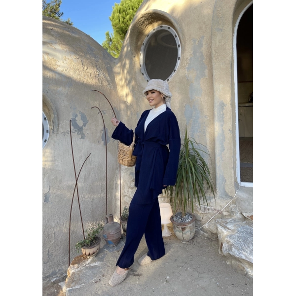 Kuşaklı Triko Takım - Lacivert