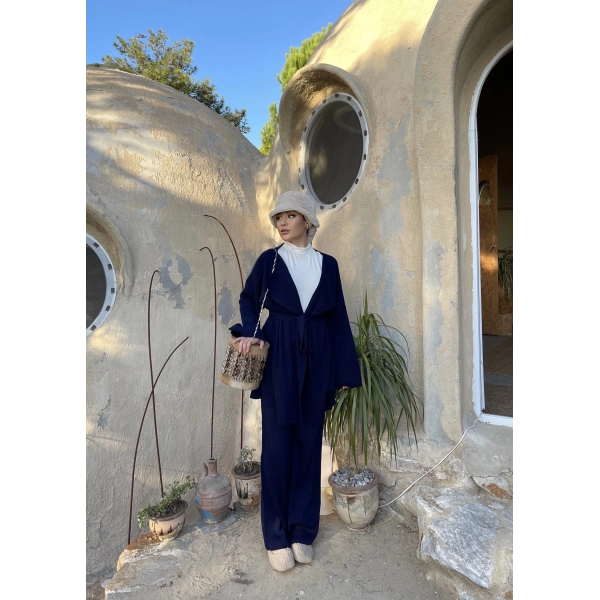 Kuşaklı Triko Takım - Lacivert