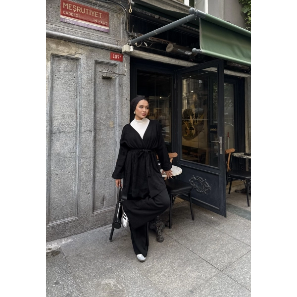 Kuşaklı Triko Takım - Siyah