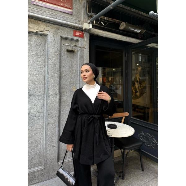 Kuşaklı Triko Takım - Siyah