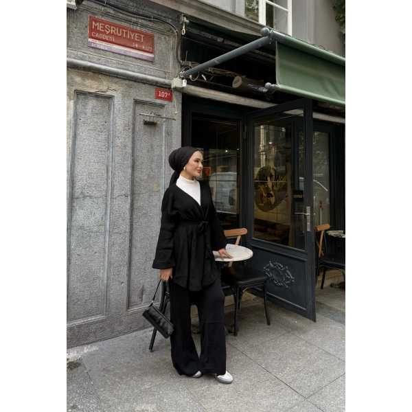 Kuşaklı Triko Takım - Siyah