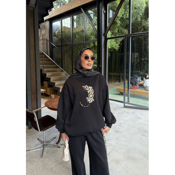 Leopar Detaylı 3 iplik Takım Siyah