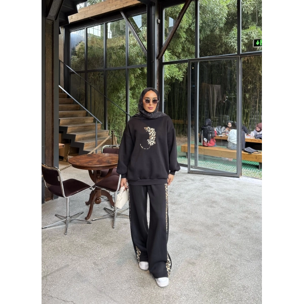 Leopar Detaylı 3 iplik Takım Siyah