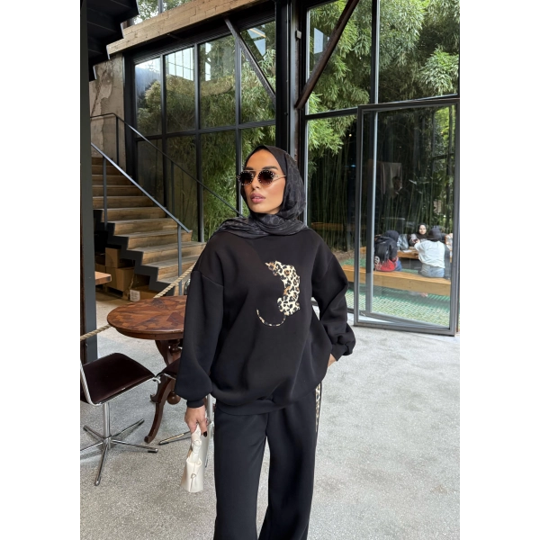 Leopar Detaylı 3 iplik Takım Siyah