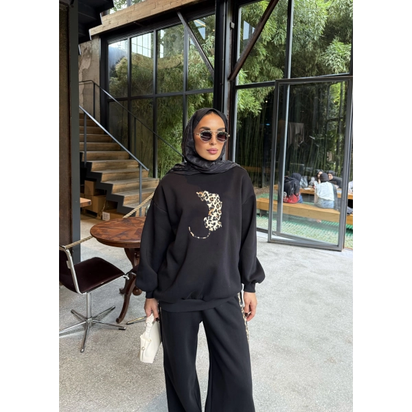 Leopar Detaylı 3 iplik Takım Siyah