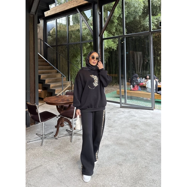 Leopar Detaylı 3 iplik Takım Siyah