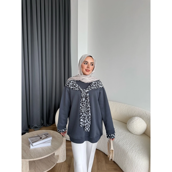 Leopar Fularlı Sweat - Antrasit