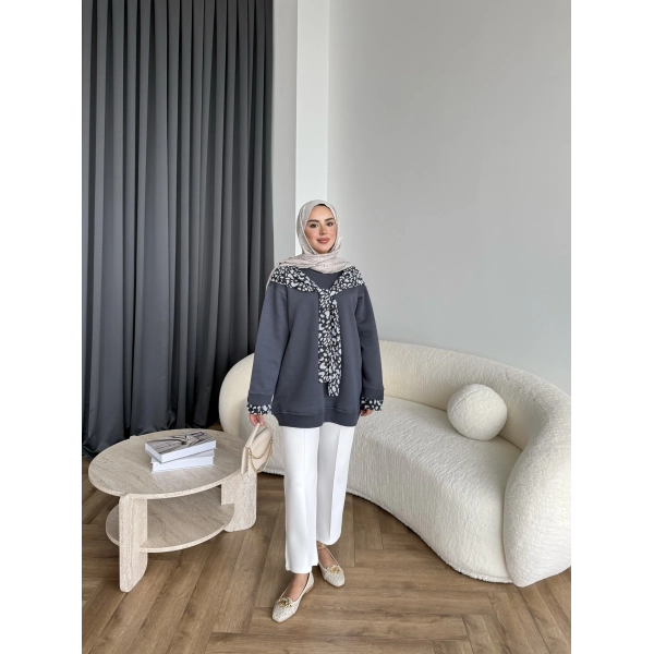 Leopar Fularlı Sweat - Antrasit