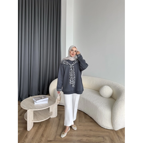 Leopar Fularlı Sweat - Antrasit