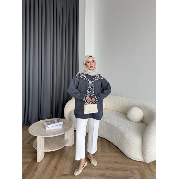Leopar Fularlı Sweat - Antrasit
