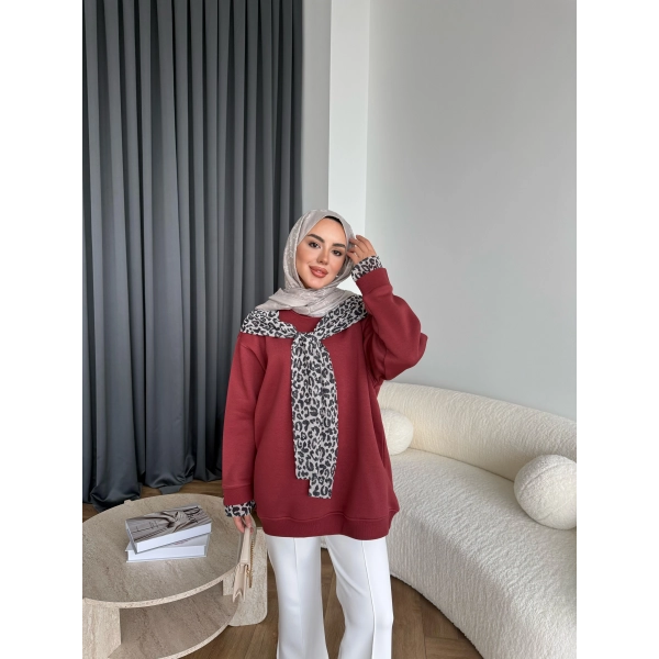 Leopar Fularlı Sweat - Bordo