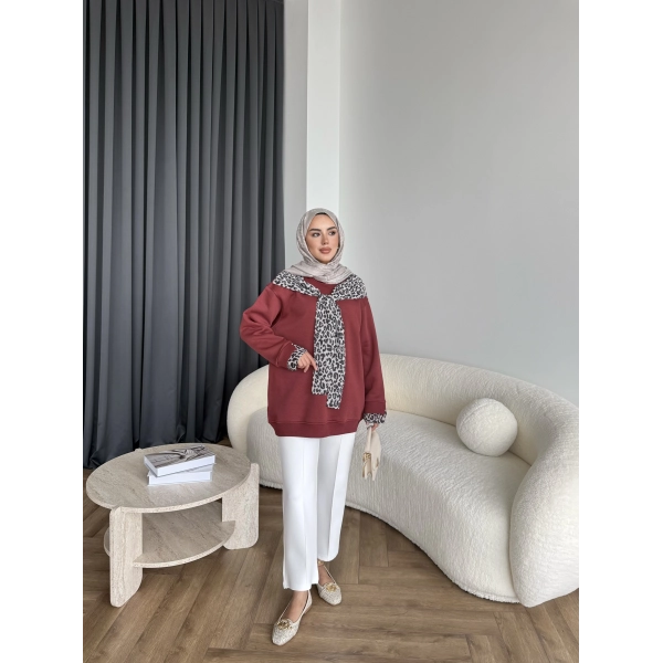 Leopar Fularlı Sweat - Bordo