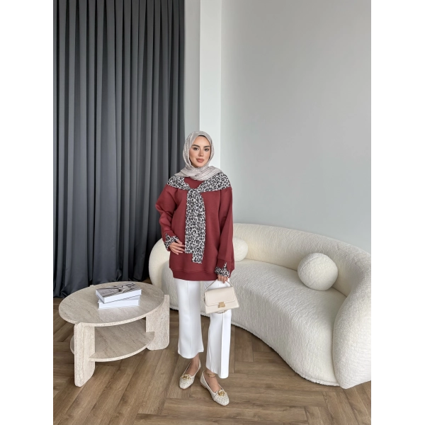Leopar Fularlı Sweat - Bordo