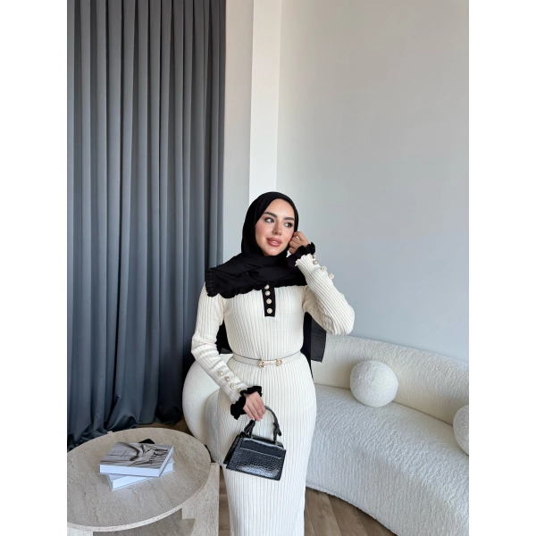 Lizge Yaka Detaylı Triko Elbise - Bej