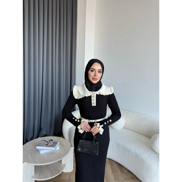 Lizge Yaka Detaylı Triko Elbise - Siyah